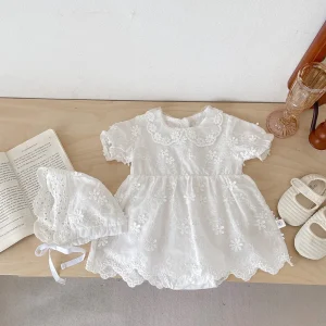 Newborn Baby Girl Short Sleeve Embroidery Cotton Romper