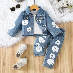 Girls Denim Floral Print Outfit