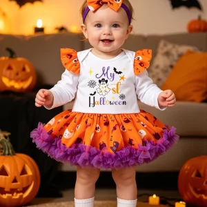 2Pcs Baby Girl My 1st Halloween Outfit Ghost Print Romper