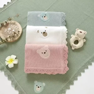 Cute Bear Embroidered Knit Baby Blanket